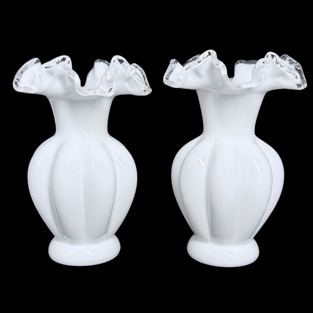 Vtg Fenton White Milk Glass Vase Clear Silver Crest Ruffled Rim Set of 2 Small